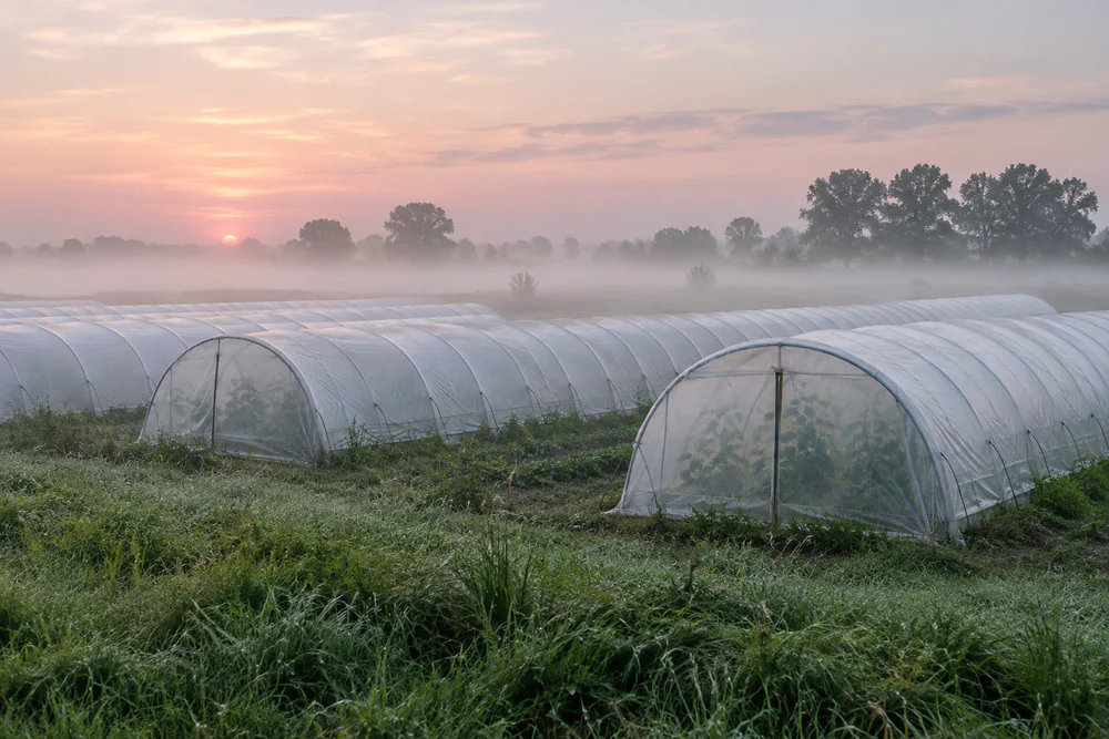 Długie tunele foliowe gospodarstwa o świcie, między nimi nad mokrą trawą unosi się nisko leżąca mgła